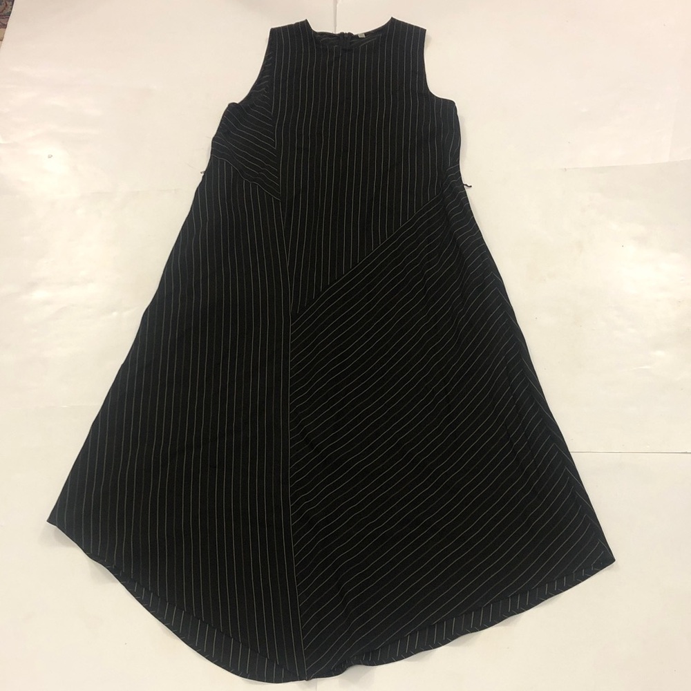 Vince S Dress Long Black Pinstripe Sleeveless Pocket Zipper Asymmetrical Hem